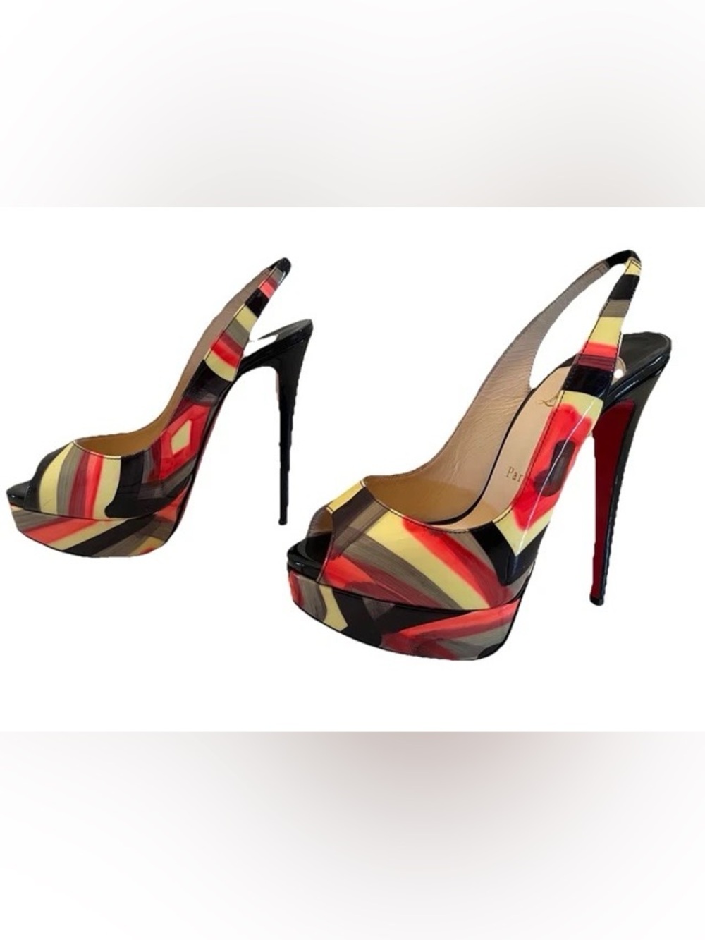 Christian Louboutin Multicolor Print Peep-Toe Slingback Heels